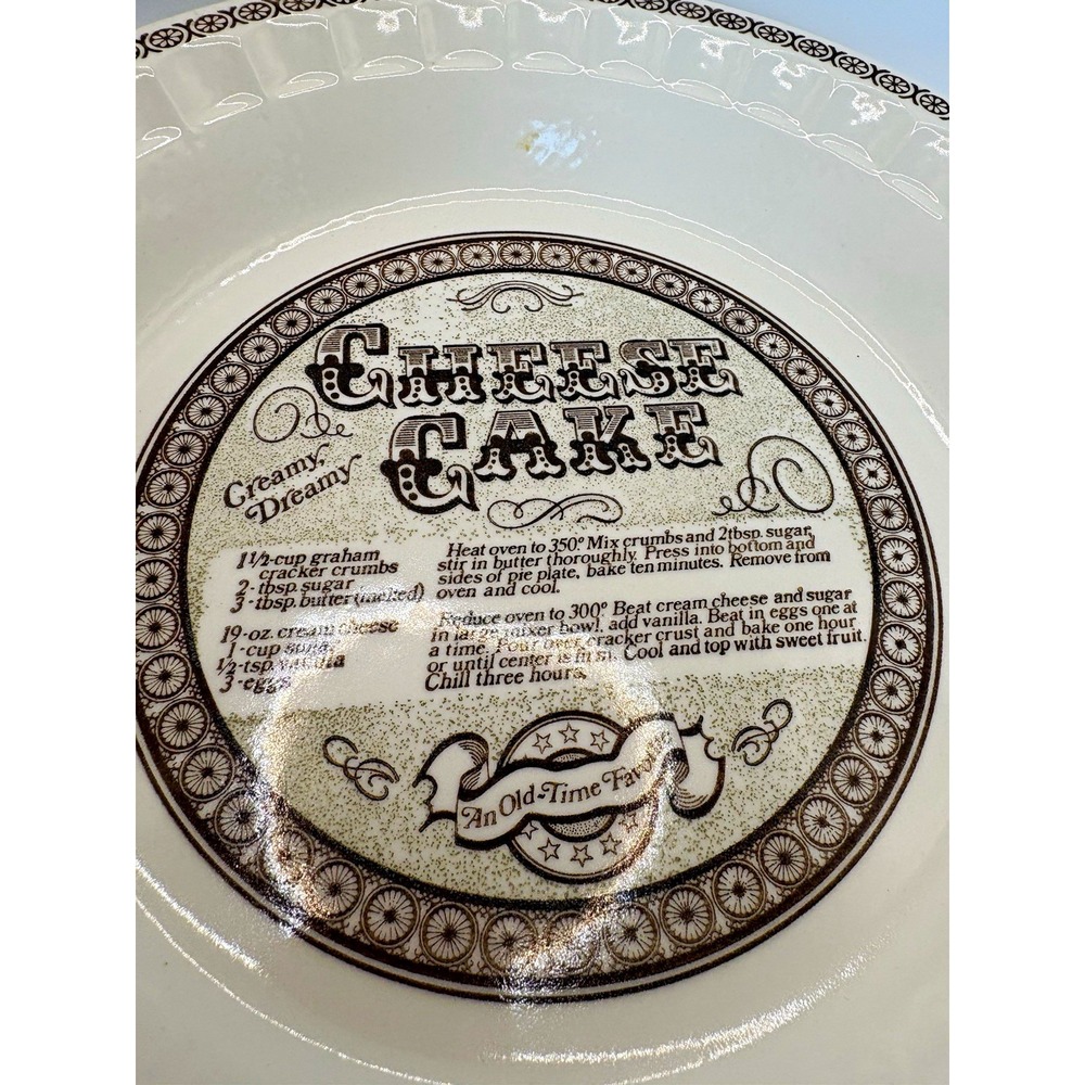 Jeannette Cheese Cake Recipe 10" Ceramic Pie Plate White/Brown Microwave Safe